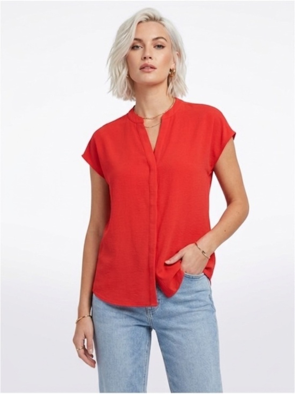 New Adrianna Papell Red Cap-Sleeve Split-Neck Blouse Size Small